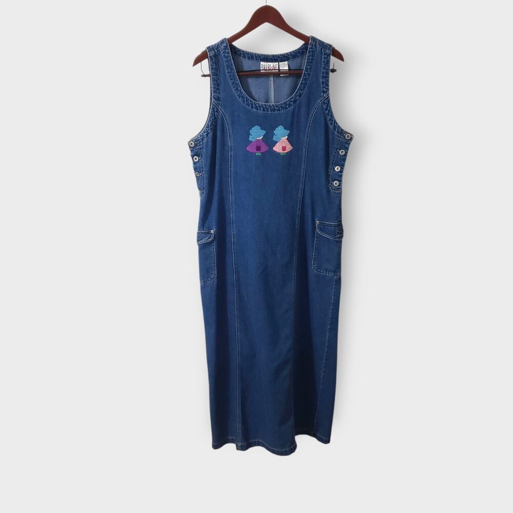 Vtg Bill Blass Jeans Embroidered‎ Lady Denim Jumper Dress Large Granny Cottage